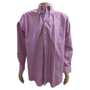 Paul Fredrick Men's Hot Pink and White Plaid Non-Iron Button-Down Shirt Size 16